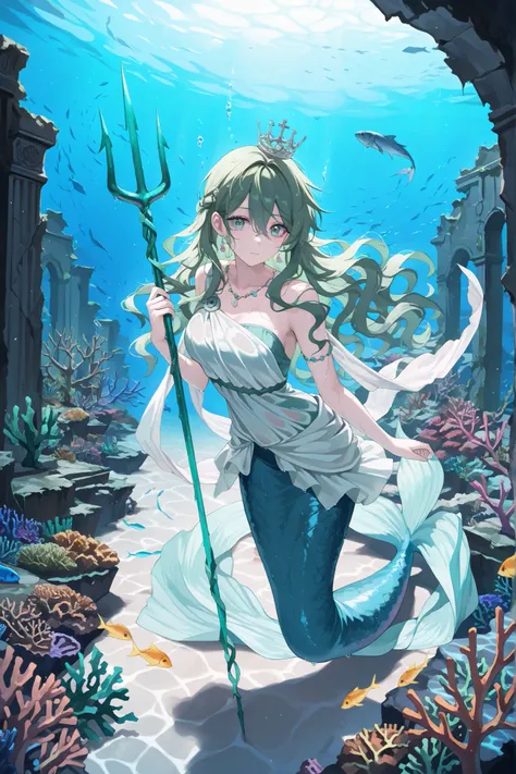 masterpiece, beautiful mermaid, Keira Knightley, pale bluish skin, green_hair, wavy hair, Ancient Greek clothing, wet aqua dress,  seashell crown and jewelry, swimming towards viewer, holding trident, coral reef, underwater, fish, ruanyi1174,underwater,cor...