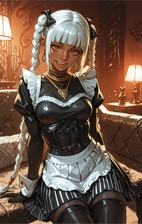 woman looks like a mix of Elena and Cammy from Street Fighter 6. bronze-colored and brown skin. She has a horizontal scar over her nose. She has sharp teeth. pointed fangs in her mouth. your body is athletic, with muscles and abs. B-Cup. Sie hat rote, schm...