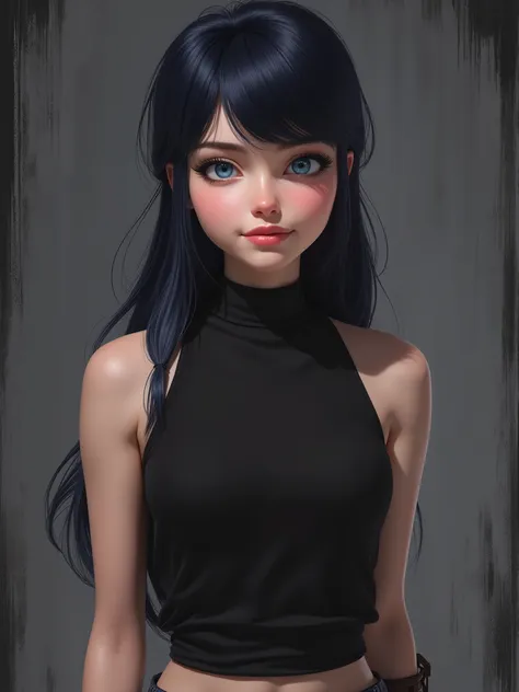 realistic cartoon, marinette Dopanchan, A very beautiful and cute 22 year old woman. (Sharp focus on the face:1.5), (blue eyes:1.5), (((western eyes))), (extremely detailed blue eyes:1.5), (((beautiful eyes, beautifully detailed eyes))), (((delicately deta...