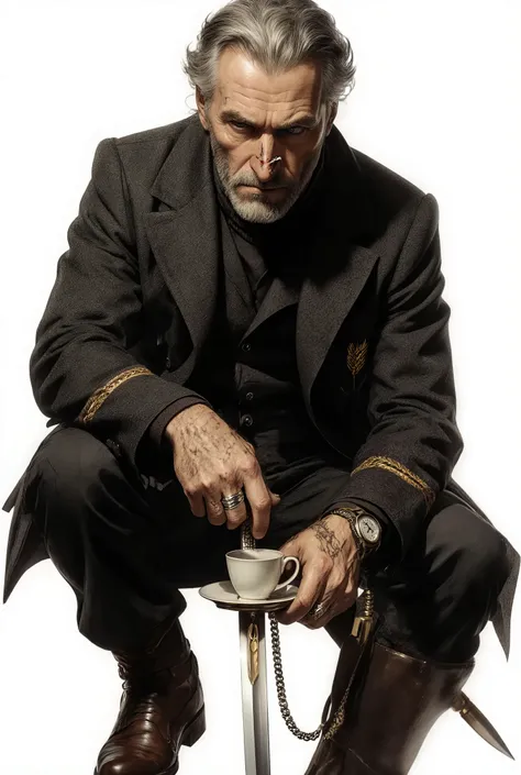 human male, 42 years old, weathered oak build, tensile strength posture, squared shoulders, steel-gray observant eyes, prominent hooked nose (childhood injury), austere charcoal high-collared coat, practical trousers tailored for movement, dull-polished bo...