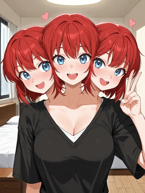 anime girl with three heads, conjoined, short red hair, blue eyes, black shirt with v-neck, white undershirt, flirty talking to the viewer, penthouse living room