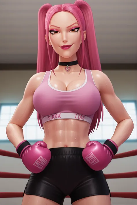 BREAK, score_6_up, score_7_up, score_8_up, score_9, 1girl, solo, kpdh_m1ra, long hair, dark pink hair, brown eyes, twintails, black choker, lipstick, makeup, official KPop Demon Hunters aesthetic, large breasts, busty, cleavage, curvy, athletic, looking do...