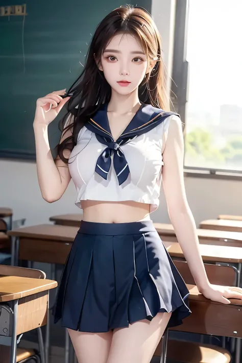 ( Super High Definition), (I'm looking over here), (Sailor Suit:1.1, Flared Skirt:1.1), (Big Breasts:1.2), (Slimness:1.8), ( Read more:1.4), (thin thighs:1.4), (thin hips:1.6), ( beautiful skin, shiny skin, white skin), (Super slim face, Super beautiful ...