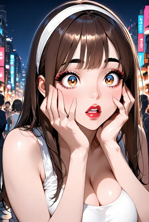 night sky, city street, perfect face, straight hair, lightest brown hair, white headband, black eyebrows, thick eyebrows, black eyeliners, big eyes, light brown eyes, bright red lips, thick lips, (surprised), (open lips), (hands on own face), beautiful wom...