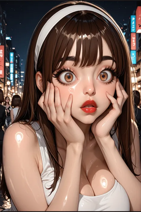 night sky, city street, perfect face, straight hair, lightest brown hair, white headband, black eyebrows, thick eyebrows, black eyeliners, big eyes, light brown eyes, bright red lips, thick lips, (surprised), (open lips), (hands on own face), beautiful wom...