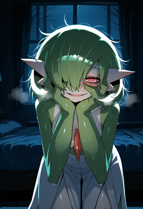 gardevoir, green_hair, green_skin, hair_over_one_eye, leaning forward, bending forward, bedroom, half closed eyes, heavy breathing, sweating, night, dark lighting, dim lighting, looking at viewer, crazy smile, crazy eyes, messy hair, hands on face