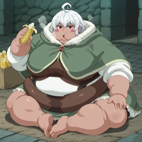 eris-mlf, red eyes, blush stickers, short hair, ahoge, dark-skinned female, white hair, looking at viewer, eris-default-outfit, cloak, breasts, fat, chubby, obese, fat neck, multiple chins, big breasts open mouth, out of breath, Larger female, full body sh...