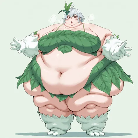 eris-leaf-outfit, leaf, white gloves, bare shoulders, navel, collarbone, breasts, fat, chubby, obese, fat neck, multiple chins, big breasts open mouth, out of breath, Larger female, full body shot, only head, large head, oversized limbs, large hands, large...