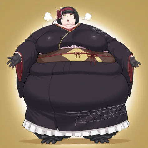 mio-mlf, black hair, short hair, blunt bangs, bob cut, bangs, yellow eyes,
japanese clothes, kimono, bow, black gloves, breasts, fat, chubby, obese, fat neck, multiple chins, big breasts open mouth, out of breath, Larger female, full body shot, only head,...