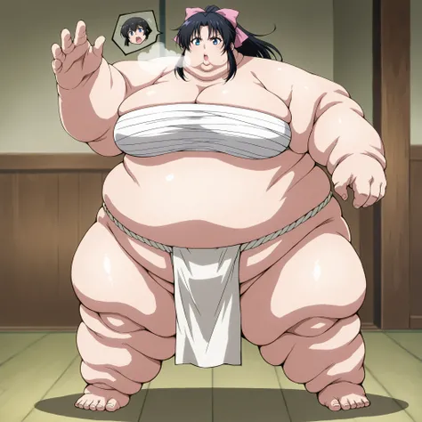 score_9, score_8_up, score_7_up, source_anime, kaorukamiya, kaoru kamiya, blue eyes, black hair, pink bow, bow, hair bow, sarashi, fundoshi, big breasts open mouth, out of breath, Larger female, full body shot, only head, large head, oversized limbs, large...