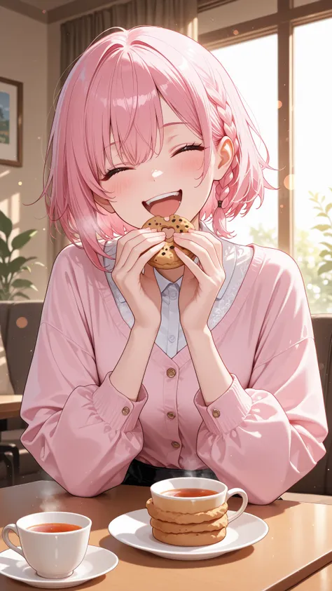 Pink short hair and single short braid, girl, eating cookies, laughing, dynamic pose, table, cup of tea, super detailed flat illustration, perfect quality, professional detailed art work, (invisible detailed technical draw), glitter deep depth bokeh, maste...