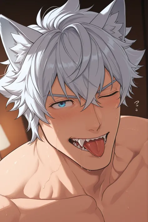 1boy, Sett Hearthsteel inspired, wolf ears, white spiky hair with front bangs, sharp jawline. Close-up portrait, shirtless shoulders visible. Making a playful sexy face: tongue slightly out touching a canine tooth, one eye winking, expression teasing and f...