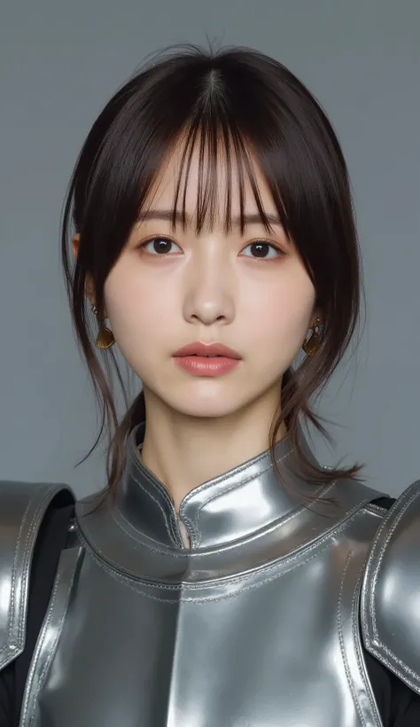 neat young woman wearing luxurious silver armor、、female knight、、、ear piercings、looking at camera、looking directly in front、前髪あり、無表情、口を閉じている、への字口、face close-up、grey background、