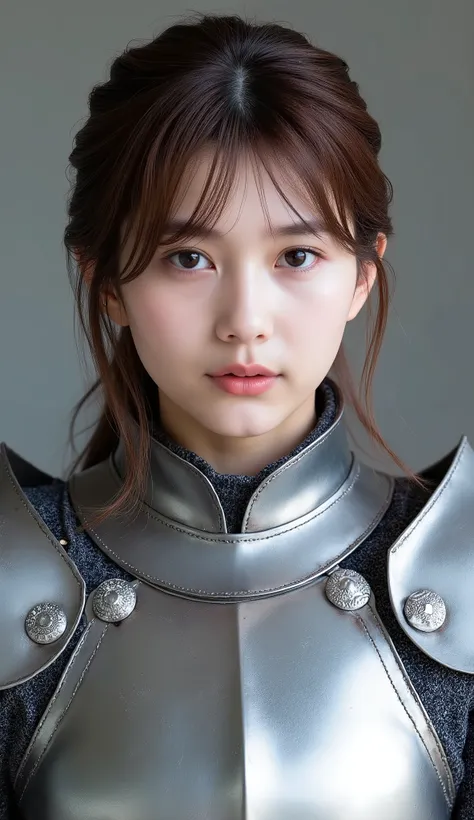neat young woman wearing luxurious silver armor、、female knight、、漆黒の髪、、ear piercings、looking at camera、looking directly in front、怒り顔、口を閉じている、への字口、、、face close-up、grey background、