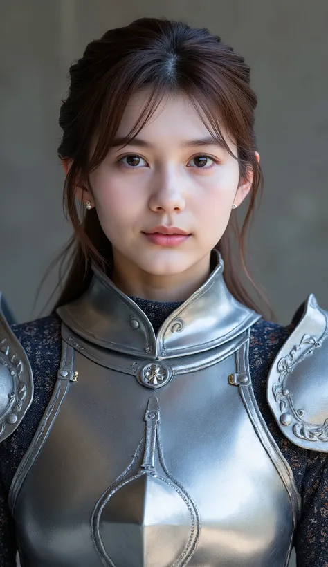 neat young woman wearing luxurious silver armor、、female knight、、漆黒の髪、、ear piercings、looking at camera、looking directly in front、怒り顔、口を閉じている、への字口、、、face close-up、grey background、