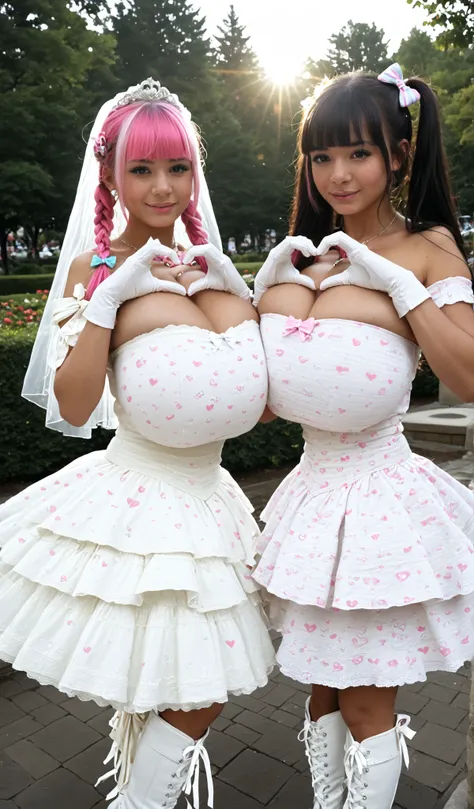 masterpiece, best quality, amazing quality, sunlight, 2girls, ((,heart hands,heart hands duo, dynamic  angle,cinematic angle, looking viewer:1.3)), loli,shortstack,  (hourglass figure), (hime cut twintail, straight bangs, pink 2tone  hair), ((hyper breast,...