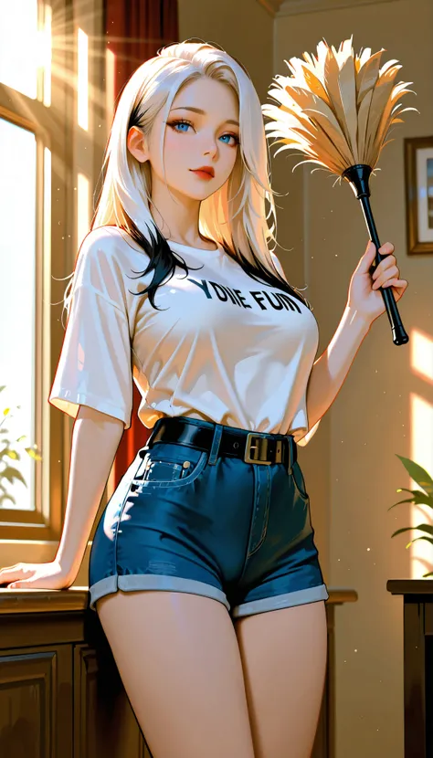 (RAW Photo), Absurdities, (Absurd Resolution)), (Hyperrealism, Photorealism), (Maximum Quality, 16k, Masterpiece, Ultra Detailed) (beautiful girl, 21 years old), (sharp pupil, blue eye), (white hair, dark highlights), (made-up, red lips), (woman wearing ti...