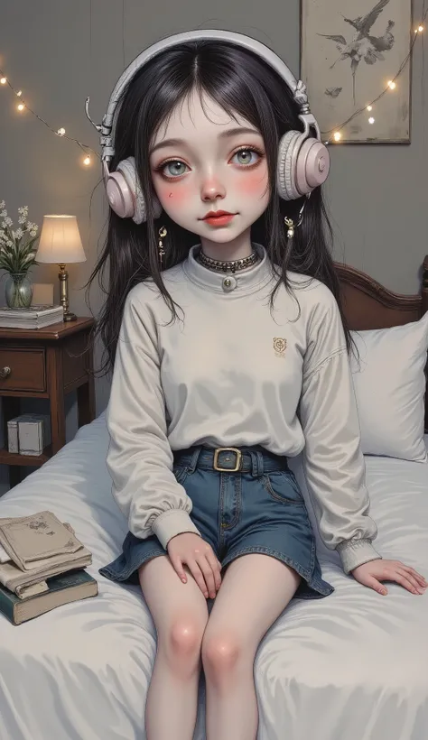 ((Low Fidelity Anime Digital Illustration Styles :1.5)), Little girl lying on her bed listening to music with headphones, books in bed , soft light garland , ambiente agradable y quiet, soft and beautiful colors , magic, quiet, cozy, claroscuro, cinema...