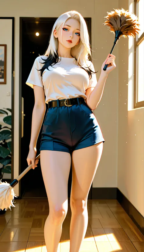 (RAW Photo), Absurdities, (Absurd Resolution)), (Hyperrealism, Photorealism), (Maximum Quality, 16k, Masterpiece, Ultra Detailed) (beautiful girl, 21 years old), (sharp pupil, blue eye), (white hair, dark highlights), (made-up, red lips), (woman wearing ti...