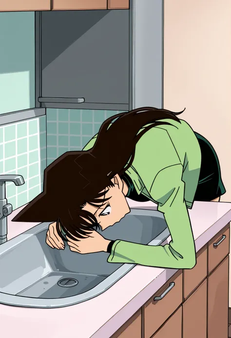 1 girl, Mouri Ran, dark brown hair. Green slim turtleneck style tight dress skirt, green cropped short jacket, kitchen, sink, head in sink, upper body lying face down in sink, thin thighs side view