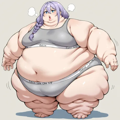 zPDXLxxx, Luna, blue eyes, purple hair, long hair, braid, hair over shoulder, hair between eyes, bangs, small breasts, grey sports bra,spors bra,grey sports panties,sports panties,calvin klein, fat, chubby, obese, fat neck, multiple chins, big breasts op...