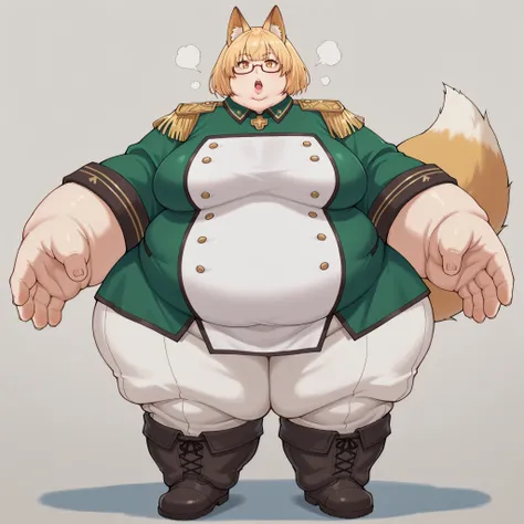 kaedefoxia, 1girl, solo, kitsune, glasses, animal ears, epaulettes, blonde hair, short hair, under-rim eyewear, fox ears, double-breasted tunic, knee boots, uniform, military uniform, white pants, fat, chubby, obese, fat neck, multiple chins, big breasts o...