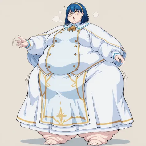 Umin, full body, medium hair, blue hair, bangs, yellow eyes, yellow hairband, round eyewear, glasses, small breasts, school uniform, umindress, high collar, white capelet, golden brooch, white long sleeves, gold trim, golden buttons, white long skirt, pelv...