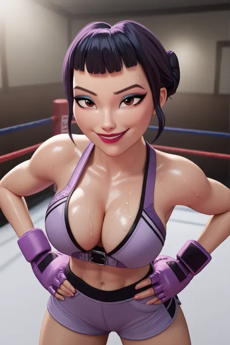 BREAK, score_6_up, score_7_up, score_8_up, score_9, 1girl, solo, kpdh_z0ey, black hair, short hair, hair bun, brown eyes, blunt bangs, lipstick, makeup, official KPop Demon Hunters aesthetic, large breasts, busty, cleavage, curvy, athletic, looking at view...
