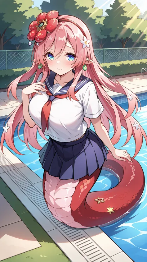 (Fraction_9:0.9),Fraction_8_Up,Fraction_7_Up,grade,(zPDXL3),(   masterpiece),  (Best Quality ),(All five fingers ),A Girl,alone,Traptrix Rafflesia,PINK HAIR,Liu Hai on the left,long hair,blue eyes,school uniforms,skirt,big boobs,lamia,The lower half of the...