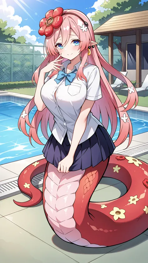 (Fraction_9:0.9),Fraction_8_Up,Fraction_7_Up,grade,(zPDXL3),(   masterpiece),  (Best Quality ),(All five fingers ),A Girl,alone,Traptrix Rafflesia,PINK HAIR,Liu Hai on the left,long hair,blue eyes,school uniforms,skirt,big boobs,lamia,The lower half of the...