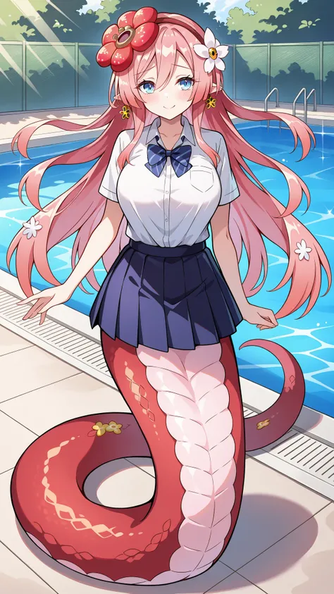 (Fraction_9:0.9),Fraction_8_Up,Fraction_7_Up,grade,(zPDXL3),(   masterpiece),  (Best Quality ),(All five fingers ),A Girl,alone,Traptrix Rafflesia,PINK HAIR,Liu Hai on the left,long hair,blue eyes,school uniforms,skirt,big boobs,lamia,The lower half of the...