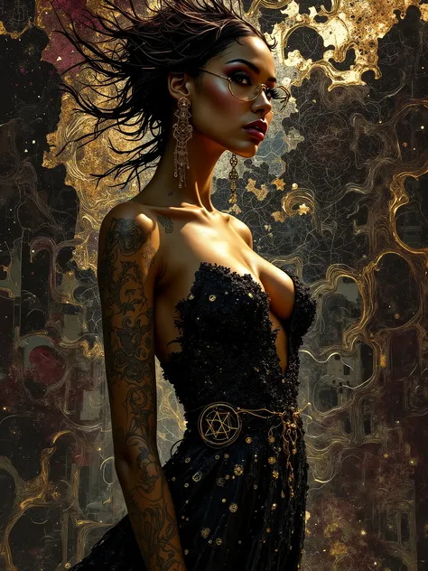 In the style of Neon glitch mosaic surrealism, we see a photo-realistic bizarre portrait of a beautiful, and Charismatic caucasian half black lady of mixed heritage bearing a large gap toothed infectious smile between dimpled cheeks, graceful yet an outca...