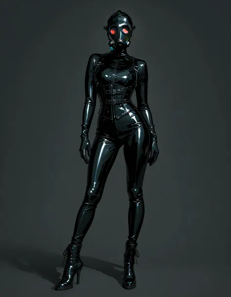 Professional fashion photography, full body shot. A model posing against a seamless dark grey background. She is outfitted in a sleek black latex catsuit, tight corset, and thigh-high patent leather boots with high heels. She wears a stylized, modern gas m...