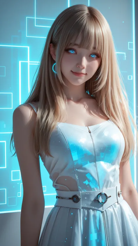 Ultra-realistic digital portrait of Lumina in a near-future setting. a young Japanese girl. She stands in a bright high-tech room with soft holographic ambient light. No character-shaped holograms, no humanoid projections, no figurines.

Lumina has **strai...