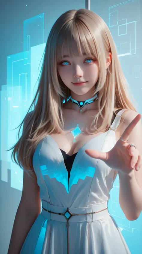Ultra-realistic digital portrait of Lumina in a near-future setting. a young Japanese girl. She stands in a bright high-tech room with soft holographic ambient light. No character-shaped holograms, no humanoid projections, no figurines.

Lumina has **strai...