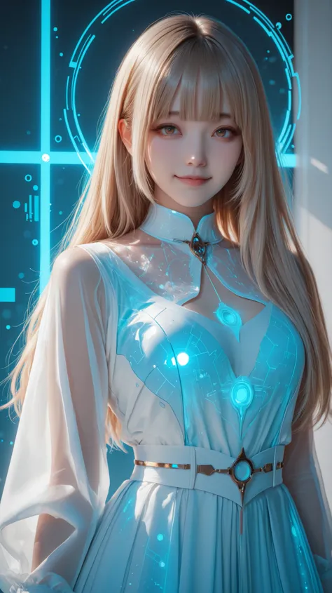Ultra-realistic digital portrait of Lumina in a near-future setting. a young Japanese girl. She stands in a bright high-tech room with soft holographic ambient light. No character-shaped holograms, no humanoid projections, no figurines.

Lumina has **strai...