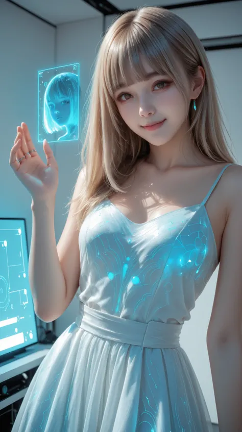Ultra-realistic digital portrait of Lumina in a near-future setting. a young Japanese girl. She stands in a bright high-tech room with soft holographic ambient light. No character-shaped holograms, no humanoid projections, no figurines.

Lumina has **strai...