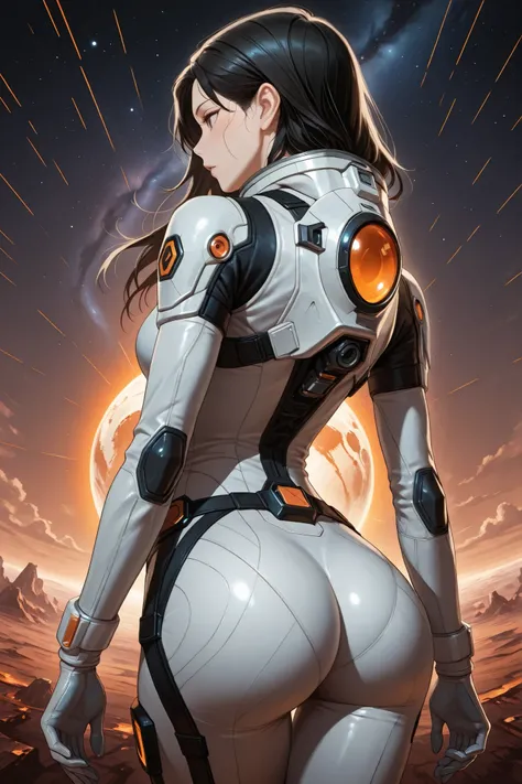 high resolution images, masterpiece, Highest Quality, amazing quality, official art, Highly detailed, Wallpaper, 1 girl, black hair, slim frame, A very attractive and slim woman wearing a tight spacesuit walks in an abandoned planet, view from behind, ass,...