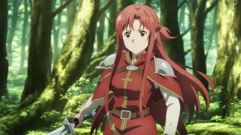 Red hair, long hair, Red outfit, Leather belt, Sword, Fantasy, Anime Style, Girl, High quality, HD, sword knight, White Socks, Forrest background