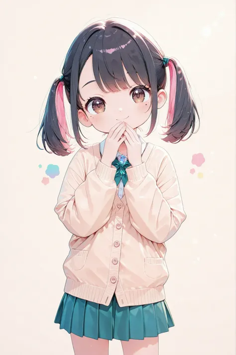 chibi style, 1girl, solo:2, (Surprising), hand over own mouth, (cute smile, round face, Punipuni, Petite), Advanced Texture, pop colors, bokeh, Indoor, Bright Natural Light, (masterpiece, cute pastel color palette, kawaii aesthetic, top quality:1.2),  Mina...