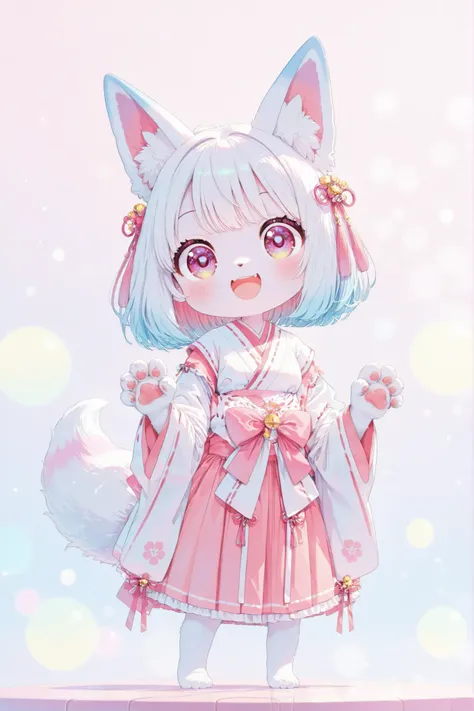 chibi style, 1girl, solo:2, (smile, Open His Mouth), claw pose, 4 fingers, (cute smile, round face, Punipuni, Petite), chibi style:1.4, Advanced Texture, pop colors, bokeh, Indoor, Bright Natural Light, (masterpiece, cute pastel color palette, kawaii aesth...