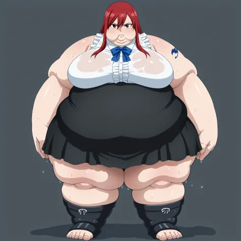 erza scarlet, long hair, red hair, hair between eyes, brown eyes, skirt, shirt, bow, boots, sleeveless, sleeveless shirt, tattoo, white shirt, frills, thighs, barefoot, bare hands, dark eyes, ,  fat, chubby, obese, gigantic arms and legs, large breasts, sw...