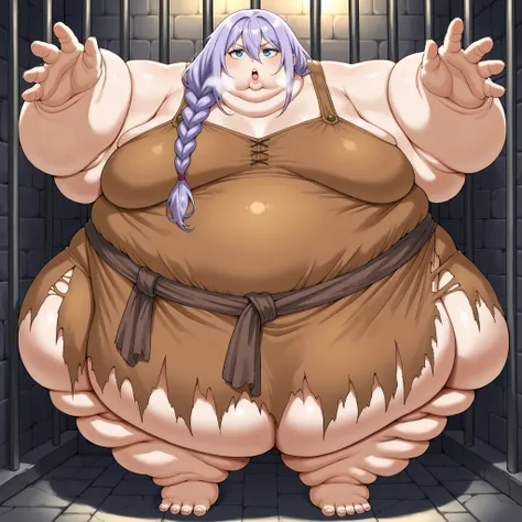 zPDXLxxx, Luna, blue eyes, purple hair, long hair, braid, hair over shoulder, hair between eyes, bangs, small breasts, slave, torn dress, brown rags, fat, chubby, obese, fat neck, multiple chins, big breasts open mouth, out of breath, Larger female, full...