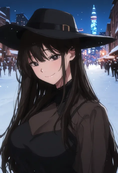 Best Quality、Top image quality、masterpiece、womanhood((18year old,C cup、dark haired、long hair、black outfit、Smile Yan、best body 、dark eyes、black hat、valley))High Quality、high image quality, Film Style、Background((Night City、snow))、masutepiece、
