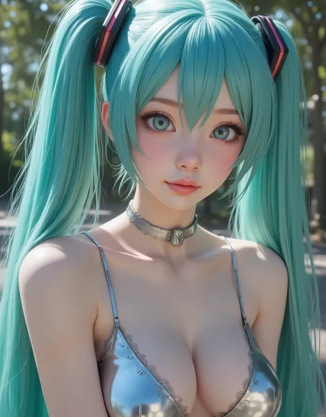 close up (hyperrealistic) The ((Hatsune Miku)),rostro hermoso,hair ((verThe esmeralda)),((very long twin pigtails)),eyes granThes,eyes ((verThe esmeralda ultraThetallados)),Thetalles finos en el rostro,pestañas largas y Thefinidas,textura realista The piel...