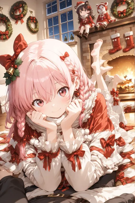 ‹ Iroha›,pink hair, In Log Hus no Sakura,Christmas,In front of the fireplace,,,,woman,,,,,dynamic,,anime,SAFE CONTENT(masterpiece, 最High Quality, High Quality, )