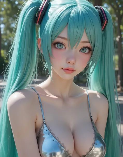 close up (hyperrealistic) The ((Hatsune Miku)),rostro hermoso,hair ((verThe esmeralda)),((very long twin pigtails)),eyes granThes,eyes ((verThe esmeralda ultraThetallados)),Thetalles finos en el rostro,pestañas largas y Thefinidas,textura realista The piel...
