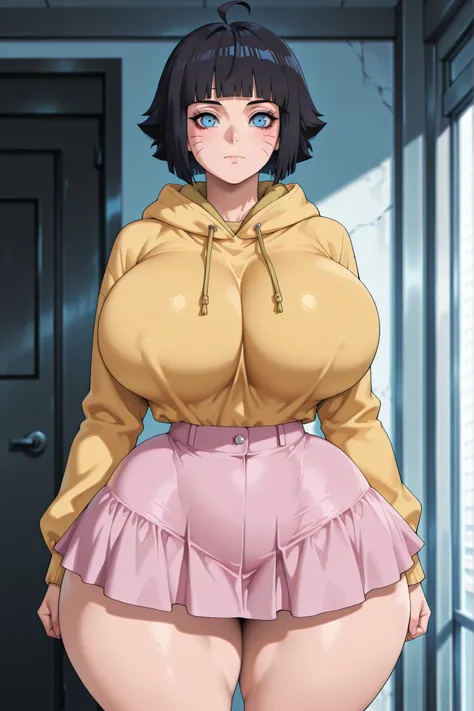 himawari uzumaki solo, short hair, bangs, blue eyes, black hair, blunt bangs, facial mark, whisker markings, ahoge,,skirt, long sleeves, hoodie, hood down, pink skirt, yellow hoodie,,thick thighs, wide hips, big breasts.
