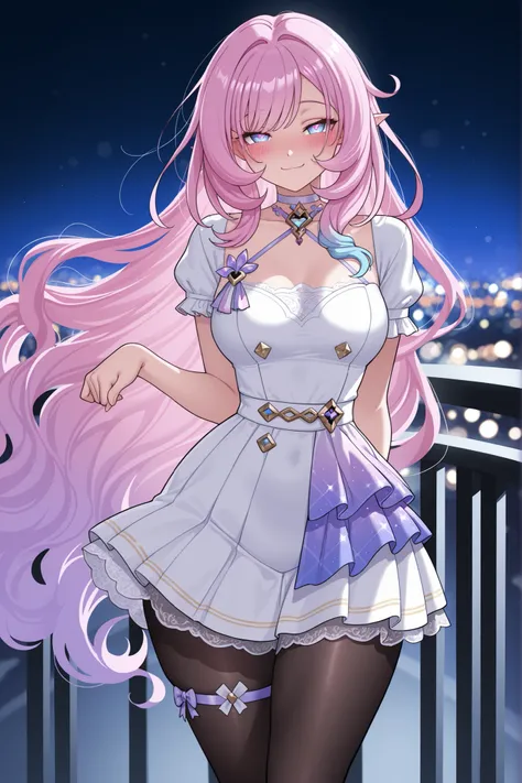 elysia_\(honkai_impact\), Mullon art style, high quality, masterpiece, best quality, 1girl, solo, gradient long straight hair let down, choker with pendant, thigh strap visible, Idol outfit, skirt, longer skirt, white lace trim, black pantyhose, ((very wel...
