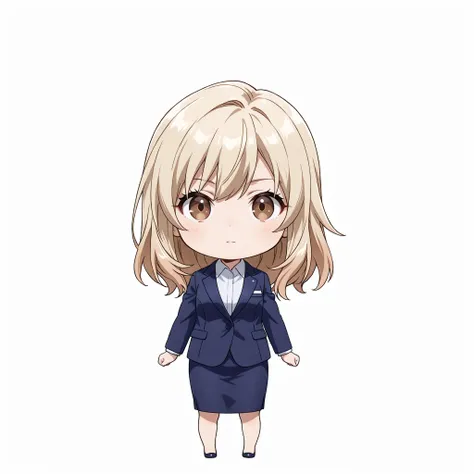 bdchibi,full body,One girl, Chibi, One girl, Full body, Front view, (White background: 1.3), Business woman, Alone, Wearing a navy blue suit and tight skirt, 20 years old, Japanese female, Brown eyes, Medium blonde hair, White background, Staring at the vi...